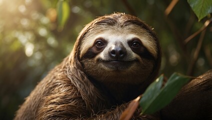 Fototapeta premium Elegant Sloth Graces Modern Nature D Clay Magazine Cover with Dramatic Lighting.