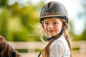 Happy girl kid at equitation lesson looking at camera while riding a horse, wearing horseriding helmet