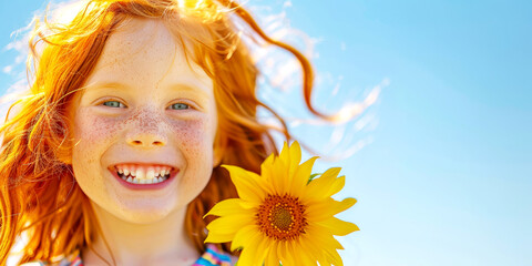Fototapeta premium Ginger girls portrait with big flower against blue sunny sky. Summer day. Happiness concept.