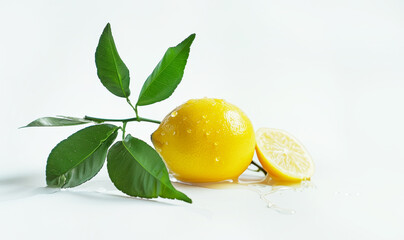 Fresh lemon with leaves and water isolated on white background. Vitamin C. Healthy fruit. Food concept.