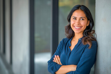 Hispanic smiling toothy Latino successful confident businesswoman worker lady boss female leader girl business woman posing crossed hands looking at camera in office corporate portrait
