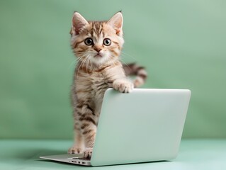 Adorable Scottish Fold Kitten Examining Laptop on Pastel Green Background