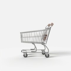 A silver shopping cart on a white background, viewed from the side