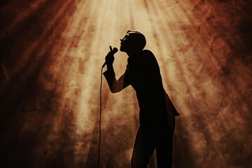 A powerful silhouette of a singer under dramatic stage lighting, capturing the passion and emotion of a live performance. Perfect for campaigns focused on music, performance, and entertainment