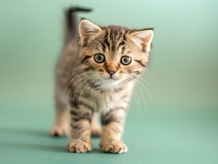 Obraz premium Adorable Scottish Fold Kitten Standing on Pastel Green Background