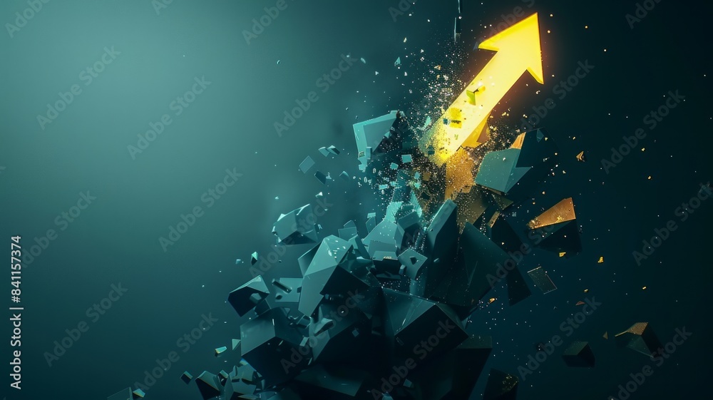 Wall mural A dramatic 3D explosion in shades of dark teal and midnight blue, with a luminous yellow arrow sign shooting upwards, on a deep teal background., AI Generative - Wall murals