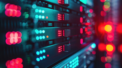 Close-up View of a Server Room Full of Blinking Lights