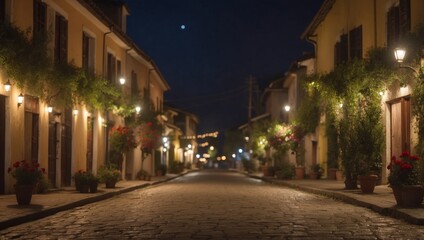 Tranquil Village Street Illuminated by Warm Lights in Nighttime Timelapse.