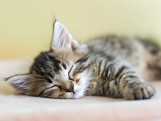 Cute Munchkin Kitten Sleeping Peacefully on Pastel Yellow Background