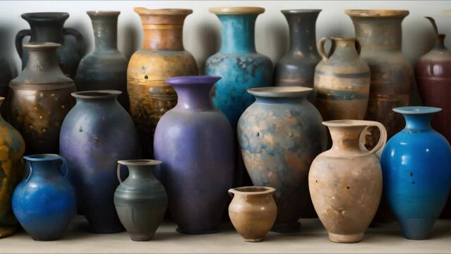 Collection of antique ceramic amphoras for storing wine, water, or milk on a white background. Concept Antique Amphoras, Ceramic Collection, Storage Vessels, White Background, Traditional Pottery