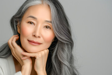 Japanese adult woman with smooth healthy face skin. Beautiful aging mature asian woman with long gray hair and happy smiling touch face. Beauty and cosmetics skincare advertising concept.