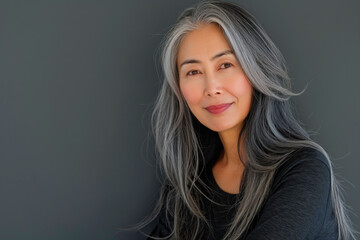 Fototapeta premium Japanese adult woman with smooth healthy face skin. Beautiful aging mature asian woman with long gray hair and happy smiling touch face. Beauty and cosmetics skincare advertising concept.