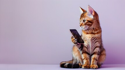 Cute Bengal Kitten Sitting with Smartphone on Lavender Background