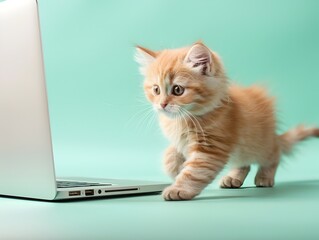 Curious Exotic Shorthair Kitten Exploring Laptop on Pastel Mint Background