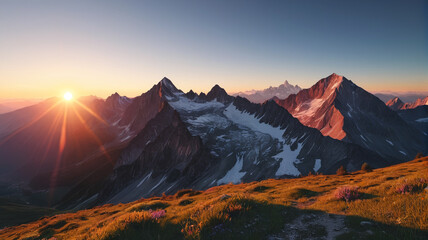 Obraz premium Alpine Sunrise: Watching the Sun Rise Over Majestic Mountain Ranges, Generative AI