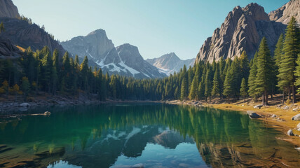 Fototapeta premium Mountain Lake Escape: A Tranquil Lake Surrounded by Towering Pines and Rugged Peaks, Generative AI