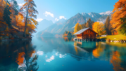 Fototapeta premium Beautiful autumn scene of Hintersee lake. Colorful morning view of Bavarian Alps on the Austrian border, Germany, Europe. Beauty of nature concept background