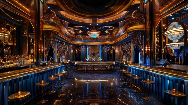 An opulent nightclub interior featuring art deco elements, mirrored surfaces, deep blue and gold color scheme, and dramatic light fixtures