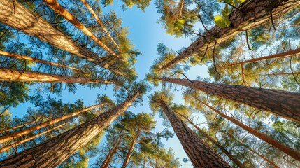 Pine tree tops captured from below on a sunny day in the summer forest