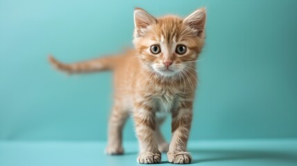 Naklejka premium Adorable American Curl Kitten Standing on Mint Colored Pastel Background