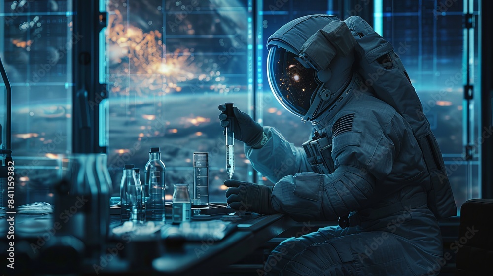 Wall mural an astronaut in a high-tech space lab, a test tube dripping liquid, the window revealing a beautiful