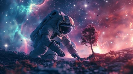 An astronaut in a futuristic suit planting a tree on a vibrant exoplanet, surrounded by distant nebulae and sparkling stars, representing new beginnings
