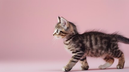 Obraz premium Adorable American Shorthair Kitten Walking on Pastel Pink Backdrop