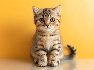 Cute Scottish Fold Kitten Sitting on Clean Yellow Background