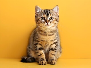Obraz premium Adorable Scottish Fold Kitten Sitting on a Pastel Yellow Background