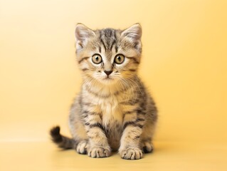 Cute Scottish Fold Kitten Sitting Centered on Clean Pastel Yellow Background