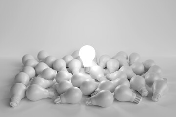 Glowing light bulbs float among white bulbs. concept of inspiration New innovations and ideas with the bulb of starting a business or Creative human thinking aimed at success. 3D render illustration.