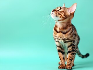 Curious Bengal Kitten Standing on Mint Green Background in Studio