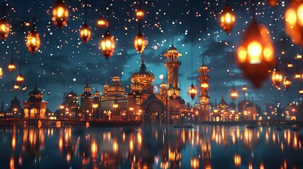 Obraz premium Stunning night view of a mosque with floating lanterns
