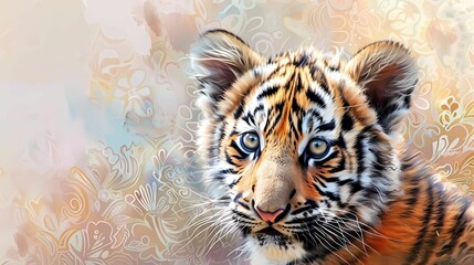 Naklejka premium Capture a close-up of a playful tiger cub with soft fur and bright eyes, set against a cute, patterned background
