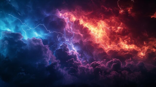 Abstract stormy night, electric energy filling the blue-red sky with dramatic lightning, showcasing nature's fierce power