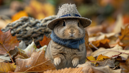 Obraz premium Adorable Bunny Wearing Hat and Scarf in Autumn Leaves.