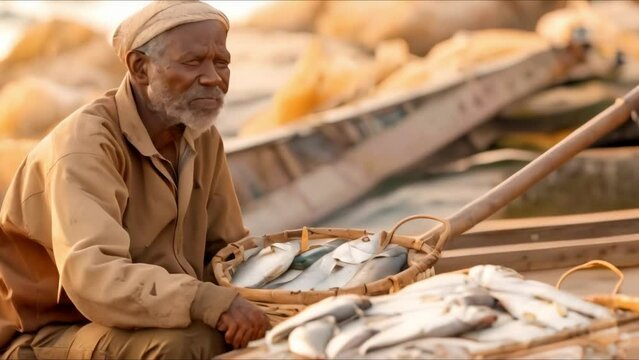 A Fisherman in a Boat with a Basket of Fish. Concept Fishing, Boat, Catch of the day, Nature, Fish Market