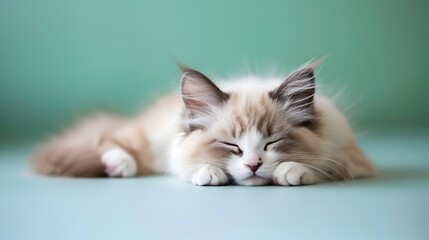 Cute Sleeping Ragdoll Kitten on Pastel Green Background