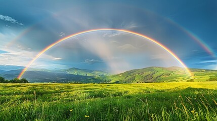 Obraz premium Beautiful double rainbow over a scenic landscape