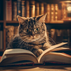 Cat wearing glasses reading a book