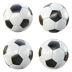 Four white and black soccer balls are displayed individually against a plain white background