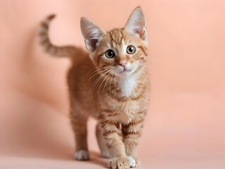Obraz premium Adorable Munchkin Kitten Standing on Pastel Peach Background