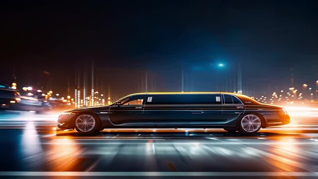 Luxury limousine driving on city road at night from a side view. Concept Luxury Limousine, Night Cityscape, Side View, Elegant Transportation, Urban Driving