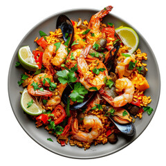 Delicious seafood paella with shrimp, mussels, and fresh herbs served on a plate with lime wedges - vibrant and flavorful Spanish dish.