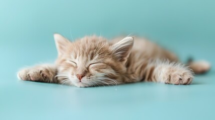 Adorable Sleeping American Curl Kitten on Pastel Blue Background