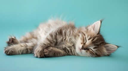 Adorable American Curl Kitten Sleeping on Pastel Blue Background