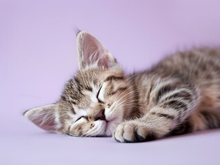 Adorable Kitten Peacefully Napping on Pastel Purple Background