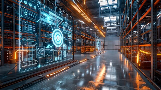Futuristic warehouse with digital interfaces and shelves
