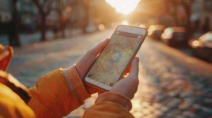 Hand holding smartphone with map app in city street