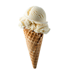 Delicious vanilla ice cream scoop in a waffle cone against a white background, perfect for summer and dessert imagery.
